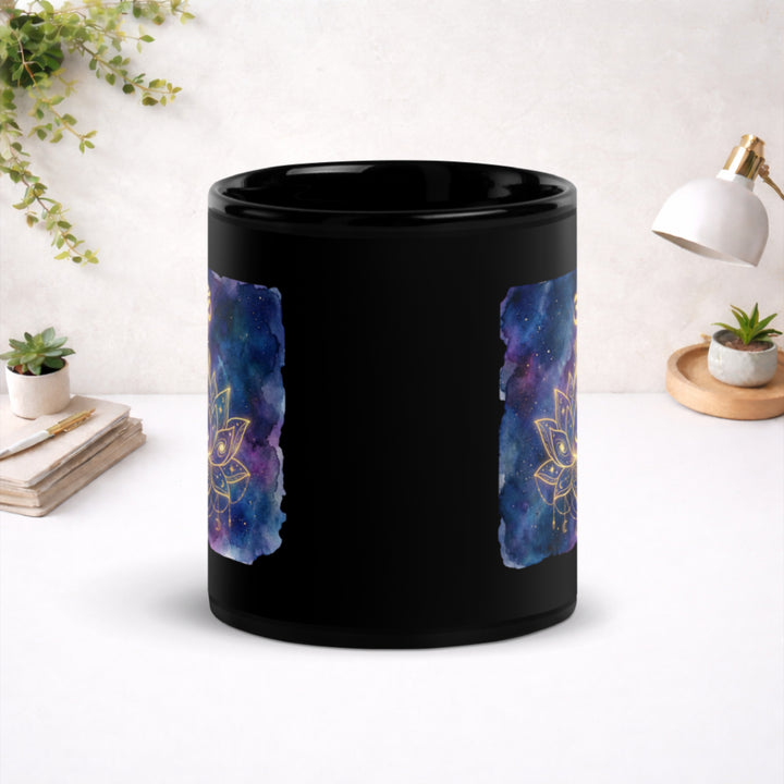 Cosmic Lotus Awakening - Black Glossy Mug