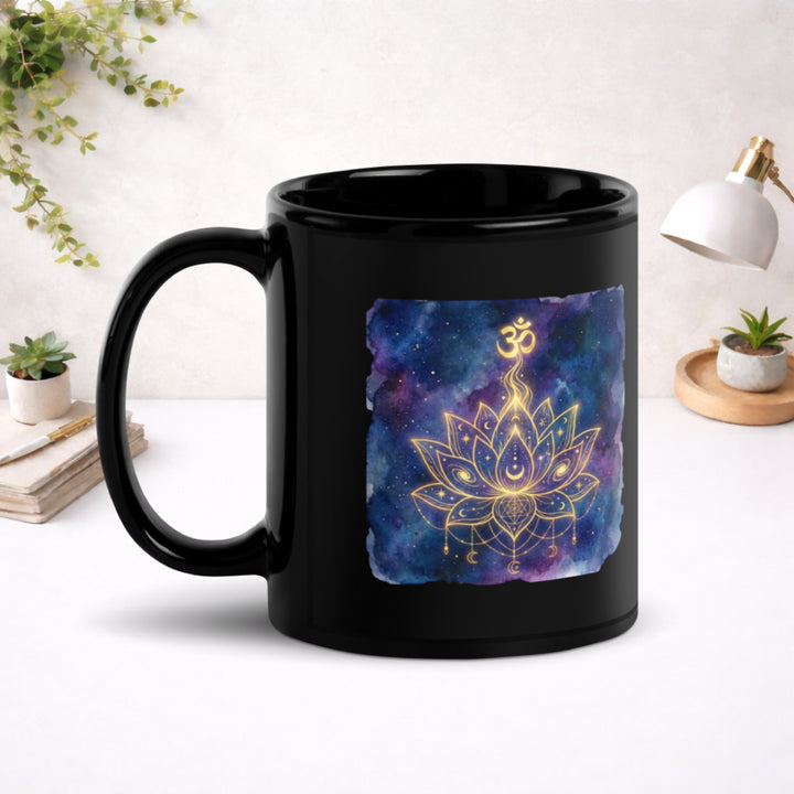 Cosmic Lotus Awakening - Black Glossy Mug