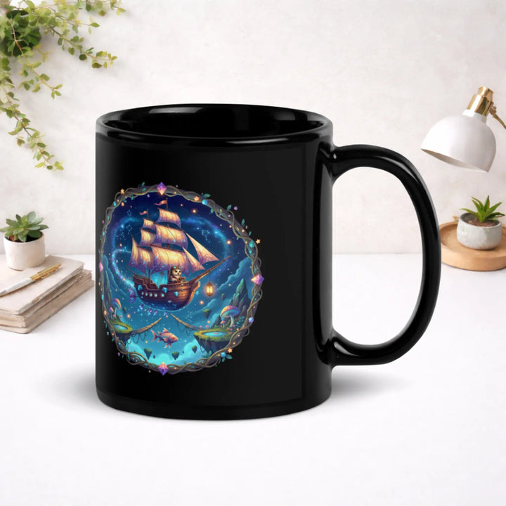 Black mug with a colorful ship design on a white surface