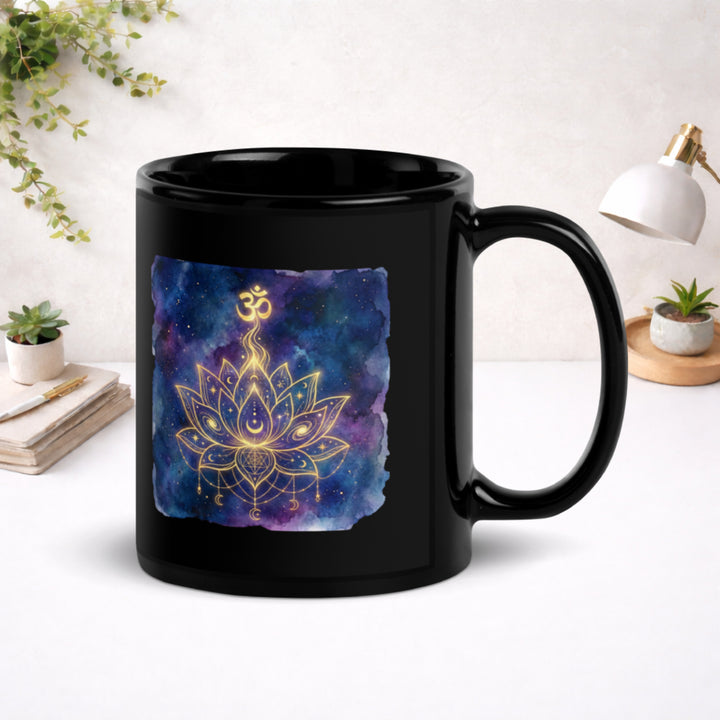 Cosmic Lotus Awakening - Black Glossy Mug