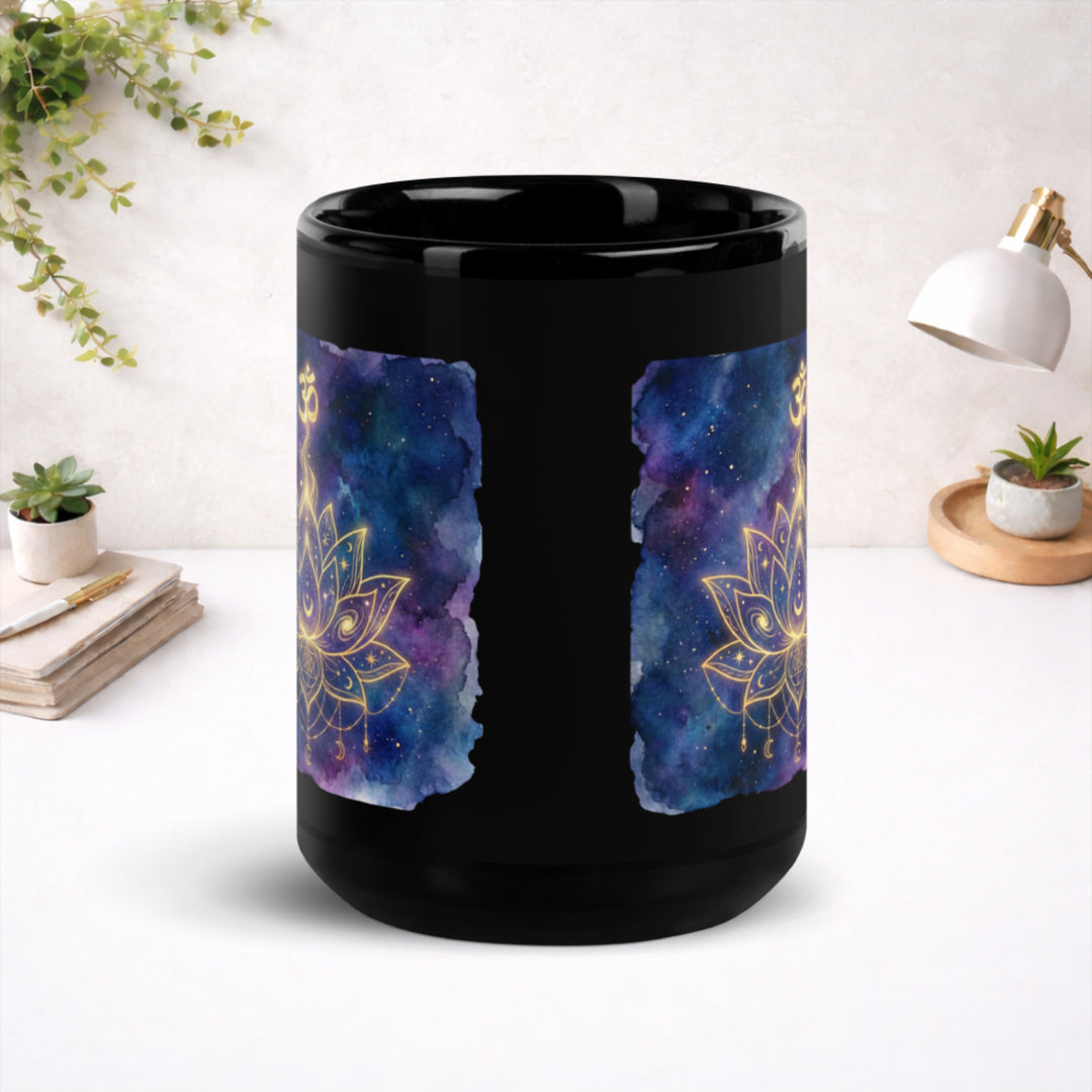 Cosmic Lotus Awakening - Black Glossy Mug