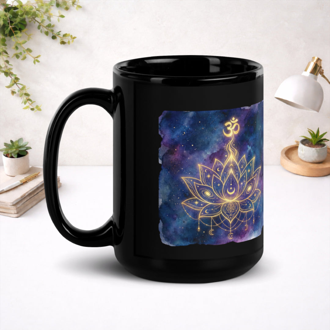 Cosmic Lotus Awakening - Black Glossy Mug