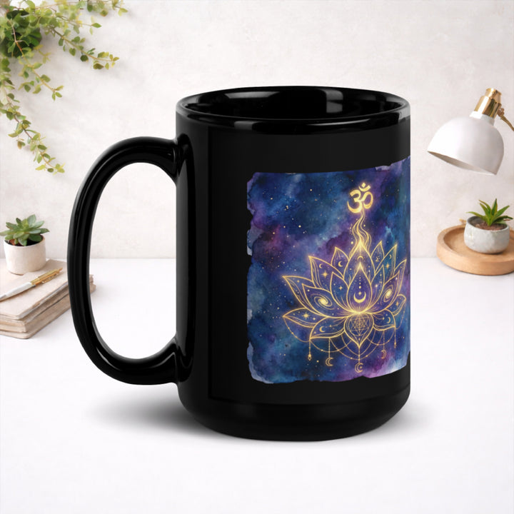 Cosmic Lotus Awakening - Black Glossy Mug