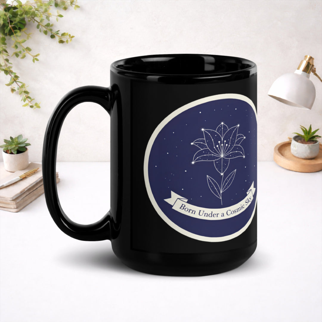 Cosmic Origin Bloom - Black Glossy Mug